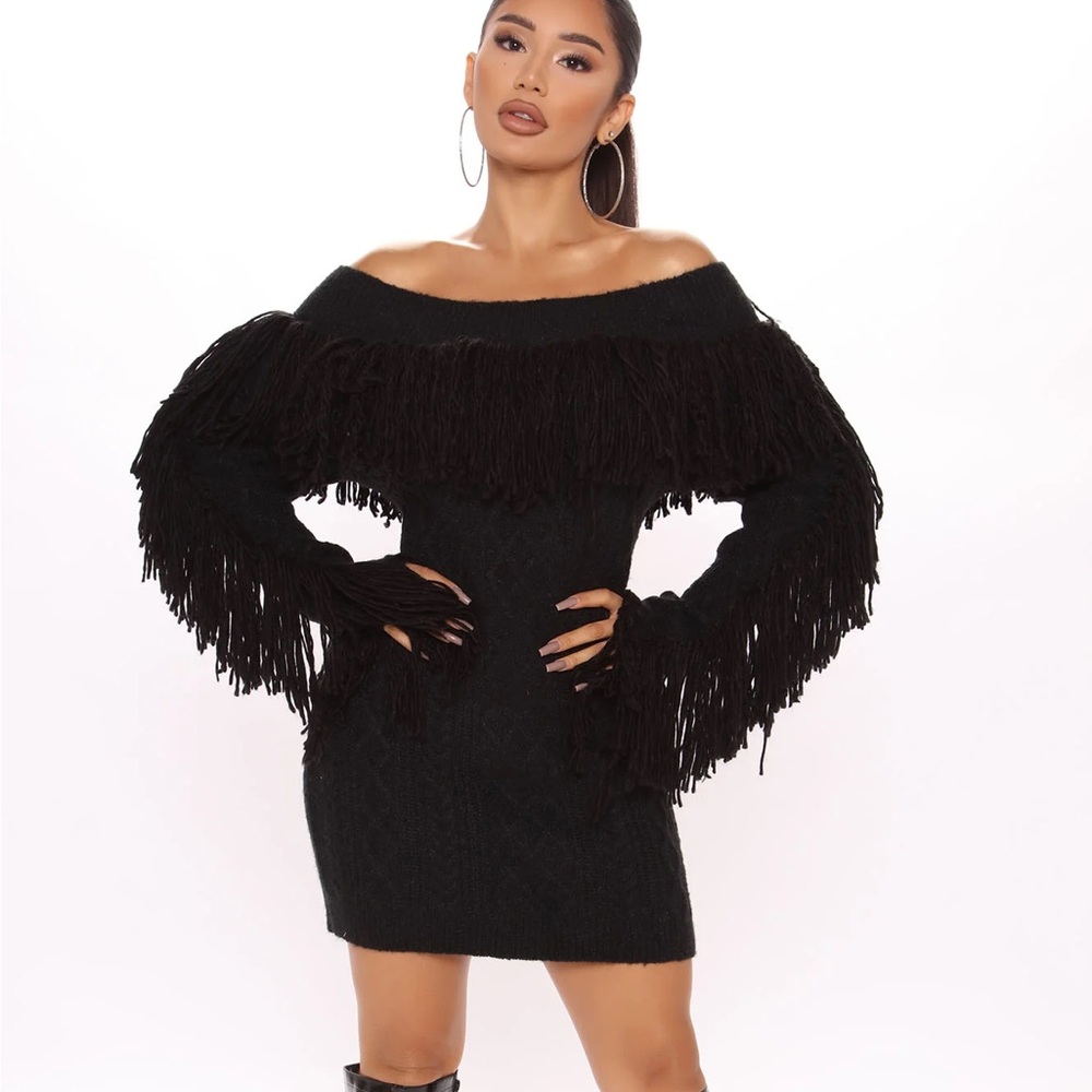 Fashion Nova Agatha Black off shoulder Fringe  Dress S NWT